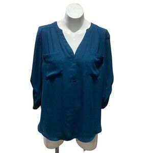 Torrid Blouse Womens 1XL Plus Blue Tunic V-Neck Roll-Tab Long Sleeve